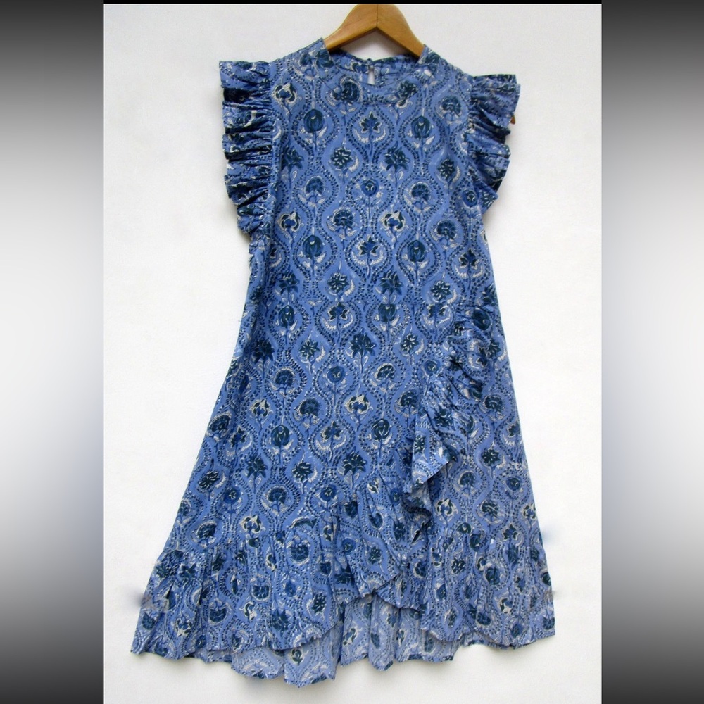 Vintage Block Print Blue dress (optional belt) - M